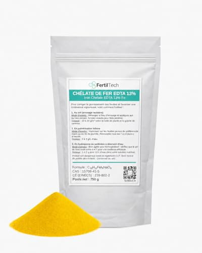 FertilTech Chélate de Fer EDTA 13% 750 g – Anti-Chlorose pour Plantes et Gazon – Engrais Foliaire Soluble – Corrige les Carences en Fer – Jardin, Feuilles Jaunes, Potager, Arbustes, Hydroponie