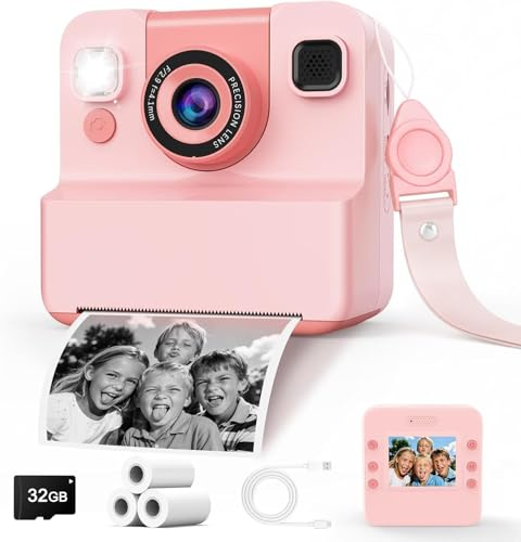 Kids Camera Instant Print with Flip Lens, 1080P HD Video Inkless Toddler Digital Camera with 32GB Card, Portable Travel Christmas Birthday Gift for 3-12 Girls Boys with 3 Rolls Print Paper (Pink)