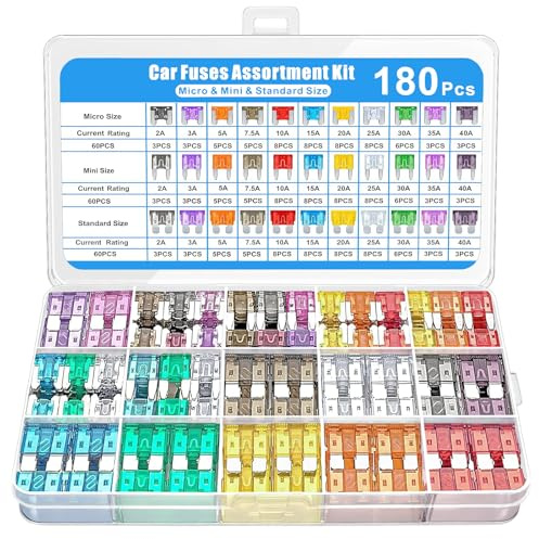 Juego de 180 fusibles planos para coche, mini estándar y micro (2 A 40 A), juego de fusibles mixtos con extractor y caja de almacenamiento para coches, caravanas, camiones, motocicletas