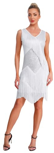JEATHA Abito da Ballo Latino Americano Donna Orlo Asimmetrico con Nappa Vestito da Danza Classica Standard in Paillettes Abito da Pattinaggio Tango Salsa Valzer Bianco M