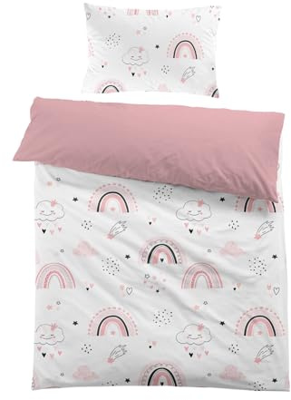 CINYE Rose Arc-en-Ciel Parure De Lit Enfant - Housse De Couette 120x150 cm + Taie d'oreiller 40x60 cm - pour bébé, Fille - Parure De Lit avec Arc-en-Ciel/Nuages/étoiles/Lunes/Cœurs - 100% Microfibre