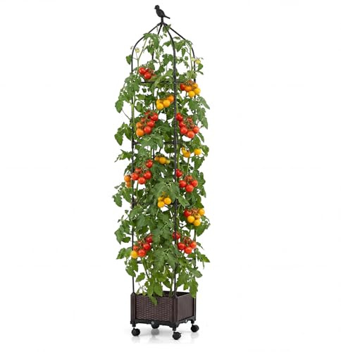 GOPLUS Jardiniere Surélevée Obélisque avec Treillis, Roues Verrouillable Tuteur Plante Grimpante 200CM, Support de Plante Réglable 4 Hauteurs, Auto-Arrosage, Cage à Tomates, pour Jardin, Extérieur