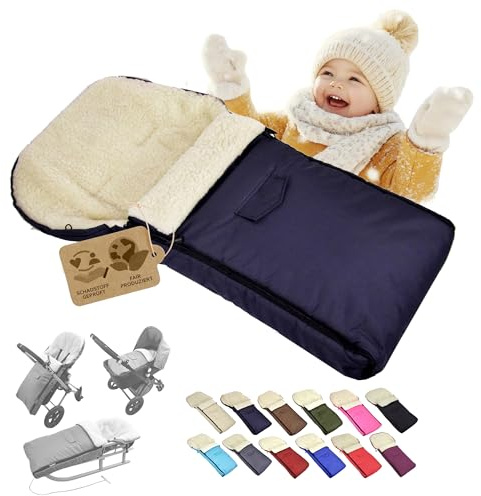 Babys-Dreams Bambiniwell vinteråkpåse för barnvagnar, joggare, buggy och släde, fotsäck, sittdyna, lammull, marin 108 cm