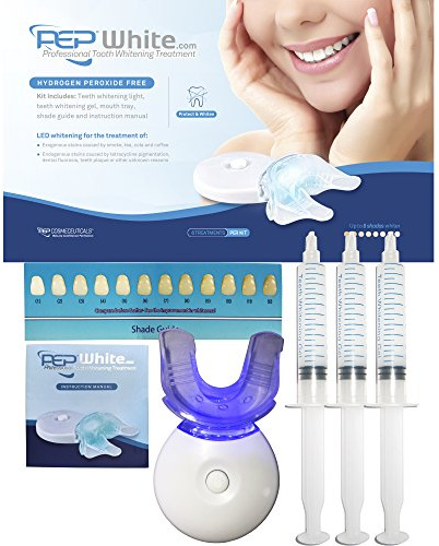 PEP-White - Zero Peroxide Advanced Teeth Whitening Gel Set. The World's Most Effective Teeth/Tooth WHITENING Bleaching Set (3 x Gel Refill Tubes + LED Light + Mouth Tray) Dental Care