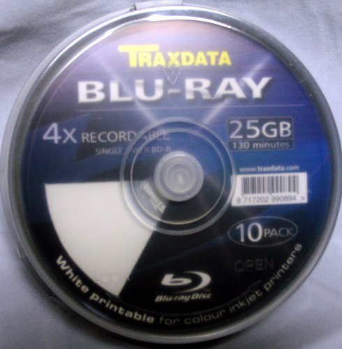 Traxdata Blu-Ray 25Gb 4x BD-R Blank Discs - White Inkjet Printable (10 Pack)