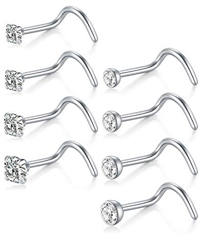AceFun Piercing Naso Borchie Naso Acciaio Inossidabile 18G Borchie al Naso Argento per Donna Uomo Spirale con CZ Diamond Ball 1.5mm 2mm 2.5mm 3mm 8 Pezzi