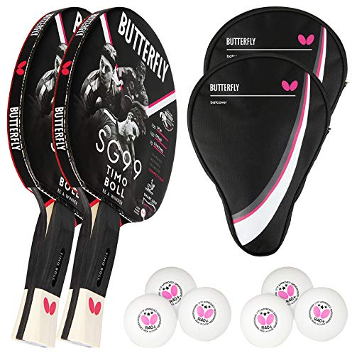 Butterfly Timo Boll 2 x SG99 Tischtennisschläger + 2 x Tischtennishülle Drive Case + 2 x 3*** ITTF R40+ Tischtennisbälle | Tischtennisschlägerset | Tischtennis Profi Set