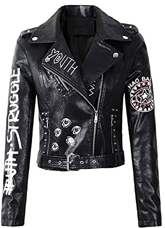 LY VAREY LIN Women's Print Faux Leather Punk Jacket Biker Motorcycle Jacket with Belt (Black, x_l)