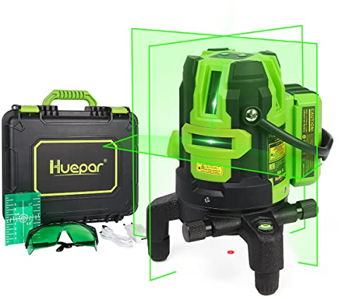 Huepar Lasernivellier mit Grünen Multilinien -Vier vertikale und eine horizontale Linie mit Selbstnivellierender Kreuzlinien-Laserwerkzeug -360° rotierende Basis, Hartschalenkoffer L141G