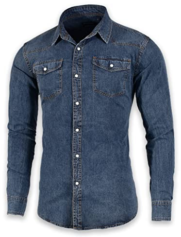 SEVEN EAGLE Chemise en Denim à Manches Longues et Double Poche pour Hommes(L,Navy Vintage)