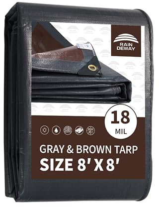 RAINDEWAY 8x8 Feet Super Heavy Duty Tarp 18 Mil, UV Resistant, Weatherproof, Multipurpose Waterproof Poly Tarp with Grommets and Reinforced Edges, Brown/Gray Tarps