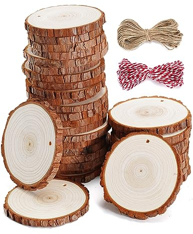 wohohoho 32 Pcs 7-8cm Natural Wood Slices, Thickened Unfinished Wooden Coasters Predrilled Log Slices Wooden Discs Circles with Natural Jute Twine for DIY Crafts Christmas Decorations Wedding Favours