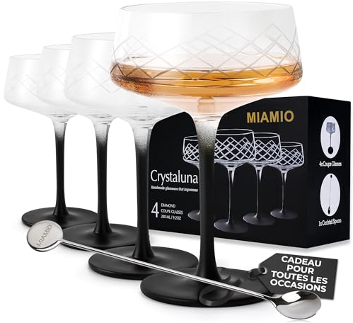 MIAMIO - 280 ml Coupe Gläser 4er Set mit Barlöffel, handgefertigte Kristall Cocktailgläser mit schwarzem Stiel, Cocktail-Gläser, Martini Gläser, Champagner Coupe Gläser - Crystaluna Collection