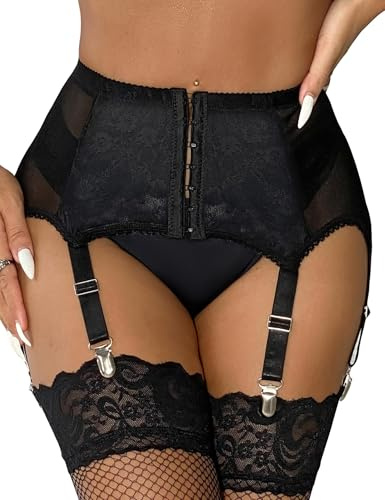 ohyeahlady Reggicalze Donna Vita Alta con 6 Clip in Metallo Giarrettiera per Calze Pizzo Reggicalze Set Senza Cuciture Elastica Regolabile Giarrettiera (XS-S, Nero)