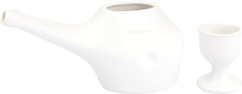 Traveller's Pot Neti en céramique (capacité de 250 ml) pour nettoyage nasal avec tasse en céramique pour lavage des yeux + 5 sachets de sel de Neti – Couleur blanche