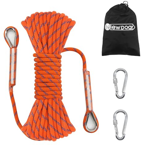 NewDoar 14KN Statiskt klätterrep 8 mm snodd, tillbehör för utrustning 10m, 20m, 30m, 50 m, evakueringsrep med 2 karbinhakar för isklättring, brandräddningsrep - orange/50 m