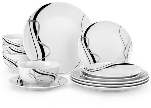 VEWEET Porcelain Dinnerware Sets for 4, 12 Pieces Plates and Bowls Set with Black and Grey Ribbon Lines, Dishes Set Dining Ware for Dinner, Microwave and Dishwasher Safe, Series FIONA