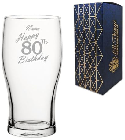 Personligt graverat pintglas, grattis på 80-årsdagen handskriven design, klassiskt tulpanglas, 570 ml eller 570 ml kapacitet, anpassa med vilket namn som helst, presentförpackad