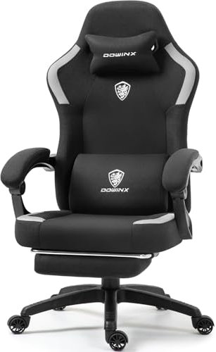 Dowinx Gaming Stuhl Stoff mit Frühling Kissen, Massage Gaming Sessel mit Fußstütze, Ergonomischer PC Stuhl Gamer Stuhl Bürostuhl 150 kg Belastbarkeit, Schwarz