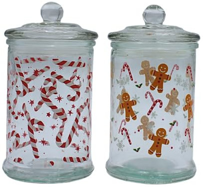 Dekohelden24 Aromadose, Frischhaltedose, Glasbehälter mit Weihnachtsmotiv, Keksdose mit Lebkuchen & Zuckerstangen Motiv, H/Ø: 15 x 8 cm, Fassungsvermögen 300ml pro Glas, Lieferumfang 2 Vorratsgläser.