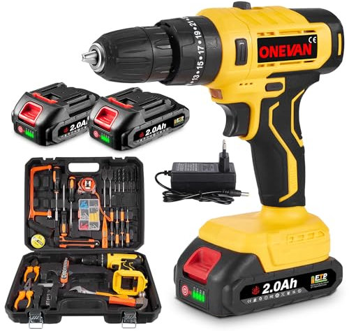 ONEVAN Herramientas Completa con Destornillado, juego de taladro inalámbrico de 21 V con 2 baterías de 2,0 Ah, 106 piezas de impacto 25+1 de 35 N.m