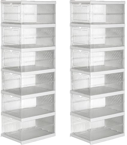 12x Cajas de almacenamiento plegables y apilables | Zapatero | Organizadores de plástico transparente con puerta abatible | Diseño modular, ventilado y resistente para guardar zapatos ropa accesorios