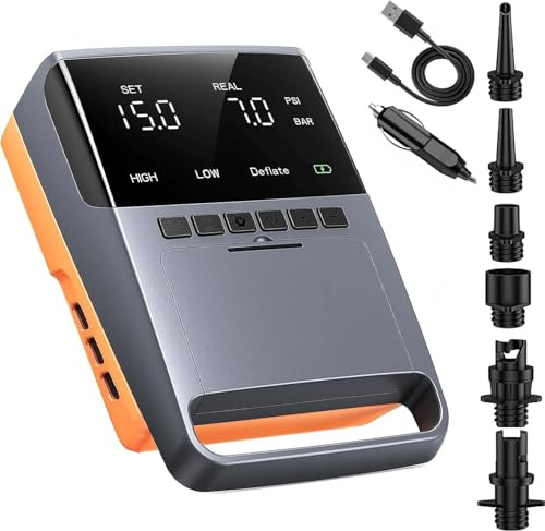 3T6B Bomba de Aire Eléctrica 20 PSI, Inflador Paddle Surf Electrico, 13500mAh Recargable&12 V DC, Inflado/Desinflado Inteligente, 6 Boquillas para Tablas de Paddle, Kayak, Tienda, Colchón