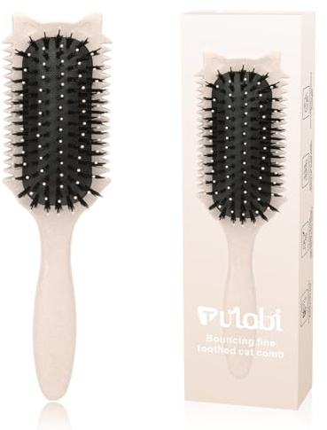 Curl Defining Brush, Curly Hair Brush Defining for Curls Waves & Coils, Volume Styling Women'S Curls, Reduce Pulling Frizz, Funny Cat Ear Designs - Beige