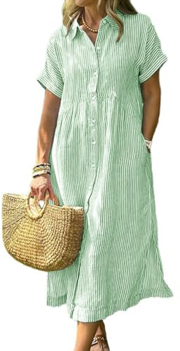 chouyatou Robe chemise d'été mi-longue rayée décontractée à manches courtes boutonnée pour femme
