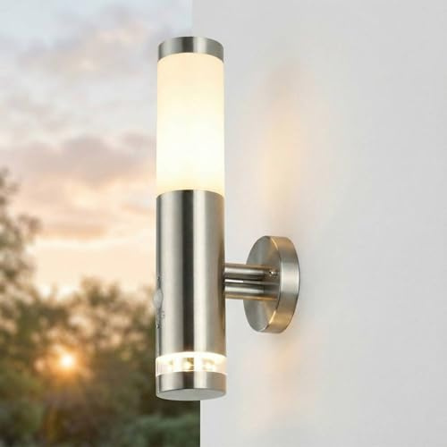 Utomhuslampa i rostfritt stål med rörelsesensor H: 34 cm E27 IP44 utomhus Vägglampa med sensor Entrébelysning Terrasslampa Ytterdörrslampa Brighton
