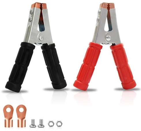 Yilceemy 2 Piezas Pinzas de Batería Coche, Pinzas cocodrilo Resistentes, Abrazaderas Cable Puente batería, 12 V 24 V, adecuadas para Coches, tranvías y Barcos (Negro + Rojo)