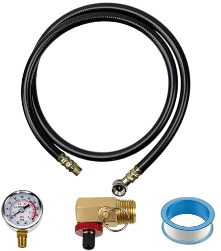 MCSDFN Air Tank Valve Kit Including Safety Valve Manifold, 0-200 PSI Pressure Gauge, 4 Feet Air Tank Hose and Thread Seal Tape for Portable Air Tank, 3 Pcs