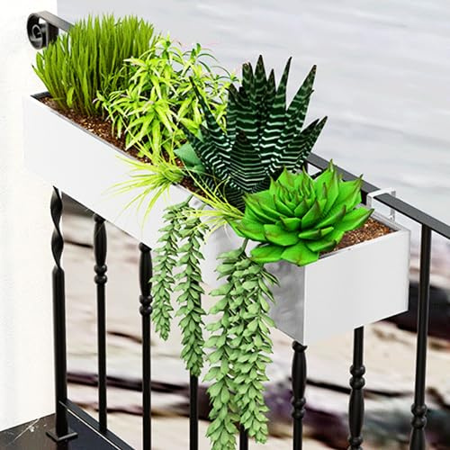 Grande fioriera rettangolare in metallo per balcone, vaso da fiori per terrazza, binario in ferro bianco, contenitore per piantare 80 x 20 x 13 cm, ideale per giardinaggio all'aperto