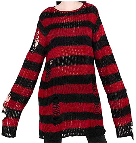 Generisch Chaqueta de invierno para mujer, punk, gótica, larga, con agujero hueco, parte superior en suéter roto, rojo, talla única