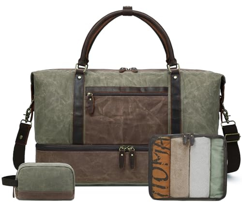Borsone da Viaggio Grande XXL Uomo Donna in Tela Cerata Impermeabile con Pelle – Set 3 Pezzi con Scomparto Scarpe, Borsa Weekend, Necessaire e Palestra | Per Viaggi e Business