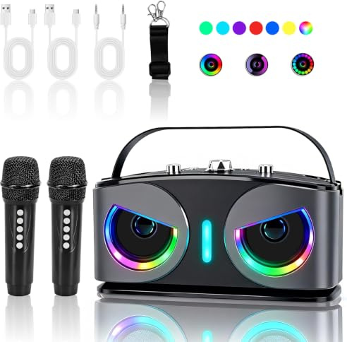 Máquina de Karaoke, con 2 Micrófonos Inalámbricos, Bluetooth 5.3 Sistema de Karaoke Portátil con Luces LED para Fiesta en Casa, al Aire Libre y Boda, Soporta TWS/TF Card/USB/AUX (Negro)