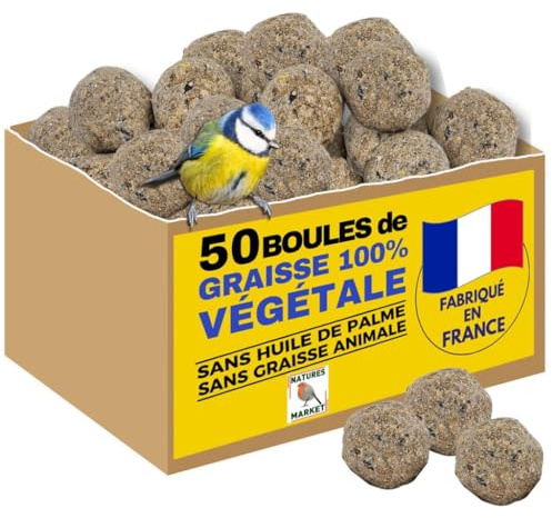Boules de Graisse Végétale pour Oiseaux du Jardin – 100% Végétales sans Huile de Palme – Fabrication Française – Nourriture pour Mésanges, Moineaux et Oiseaux Sauvages (x2 cartons = 100 Boules)