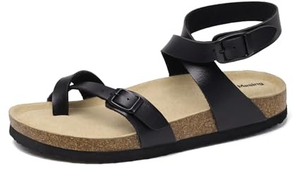 Mesing Sandalias Chanclas Mujer Verano Plana de Corcho Mules con Hebilla Correa de Tobillo Sandalias de Pala Cómodo Piel de Ante Pantuflas XZH12-Black1-EU38