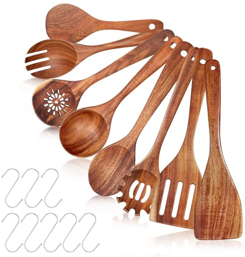 UBERMing 8 Pezzi Utensili Cucina in Legno di Acacia con Spatola Cucina Legno Mestolo Posate per Insalata, Cucchiaio per Pasta Cucchiaio per Riso e 8 Ganci a S, Cucchiaio Legno Cucina Set Resistenti
