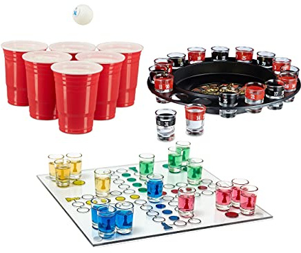 Relaxdays Set de 3 Jeux d'alcool pour Adultes, Ludo, Roulette, Beer Pong, Anniversaire, soirée Filles, Hommes, schnaps, dès 18 Ans