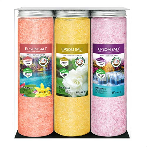 Nortembio Sali di Epsom Confezione Regalo Fragranze Cannella, Gelsomino, Rose 3 x 430 g | Magnesio Naturale con Vitamine C ed E | Bagni Rilassanti, Spa, Idratazione + E-Book Gratuito