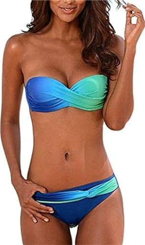 Womens Halterneck Strapless Bandeau Twist Push Up Tie Dye Bikini Set Swimsuit(Blue/Green,M 10-12UK)