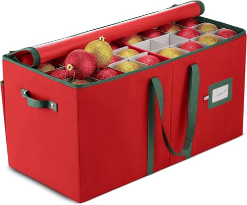 ZOBER Large Christmas Ornament Storage Box - Stores 128 3 Ornaments, With Dividers - Ornament Organizer Storage Box, Durable Christmas Containers Holder - Extra Pockets, Dual Zipper - Red