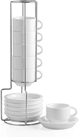 Sweejar Home Juego de 6 tazas y platillos de porcelana para expreso, apilables con soporte de metal, 70 ml para café con leche, café, moca, té, juego de 6 unidades (blanco)
