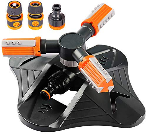 Onarway Garden Sprinkler, Automatic Rotating Lawn Water Sprinkler, 360 Degree 3 Arm Irrigation Sprinkler System Attachment with Quick Hose Connectors for Watering Your Lawn Garden
