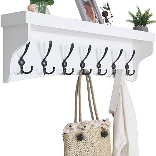 WEBI Coat Rack Wall Mount with Shelf,35 Long White Wall Shelf with Hooks Underneath,Entryway Coat Rack with 7 Triple Hooks for Hanging Coats,Bathroom,Mudroom,Hallway