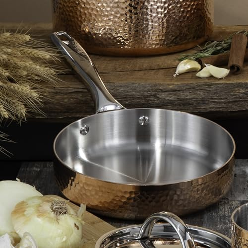 Berghoff Vintage Tri-Ply Copper 8in Deep Skillet, Hammered, Long Ergonomic Shaped Handle, 3-layer Base, Gold