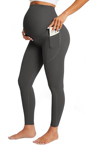 BAYDI Nudi Dam, mammaleggings med fickor, ogenomskinliga, långa graviditetsleggings, hög midja, mammabyxor, kvinnor, mjuka, elastiska gravidbyxor, Med fickor - grafitgrå, L