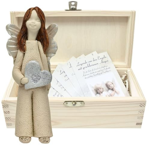 butterfly Figura De Ángel Hecha A Mano Con Corazón De Plata En Caja De Madera Natural