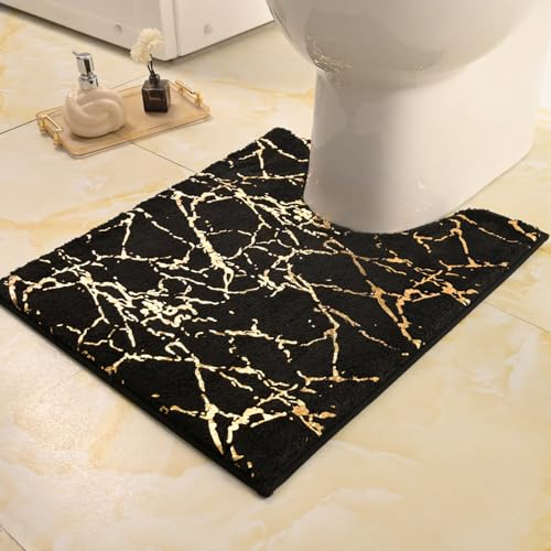 QJHOMO Badematte rutschfest Waschbar Badvorleger, WC Vorleger mit Ausschnitt Schwarz Badezimmerteppich, Gold Deko WC Teppich Luxus Bad Accessoires, weich Mikrofaser saugstark Badteppich 50x50 cm